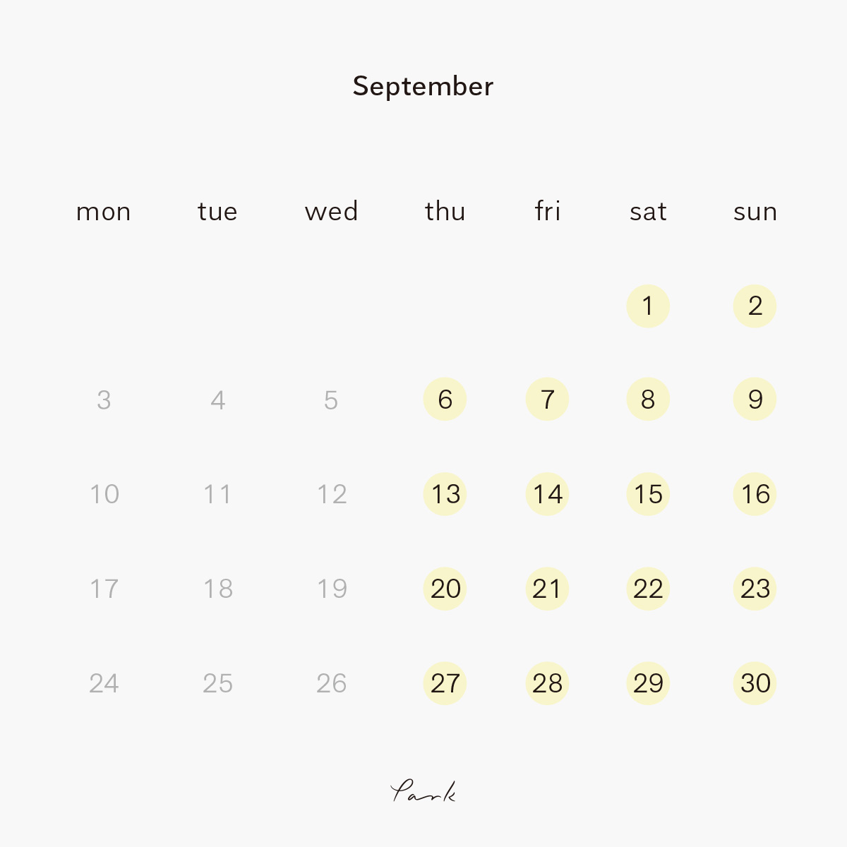 2018年9月の営業カレンダー