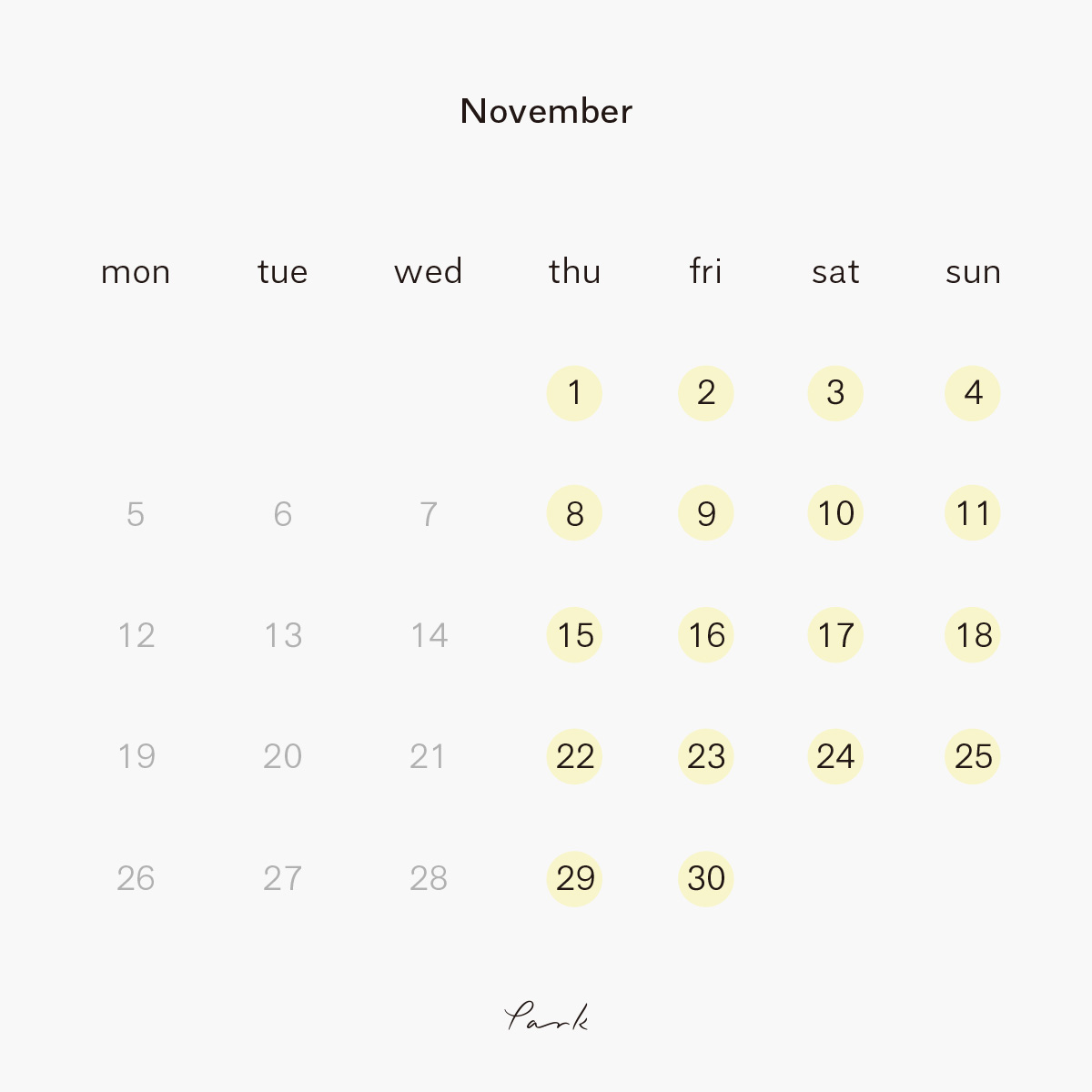 2018年11月の営業カレンダー