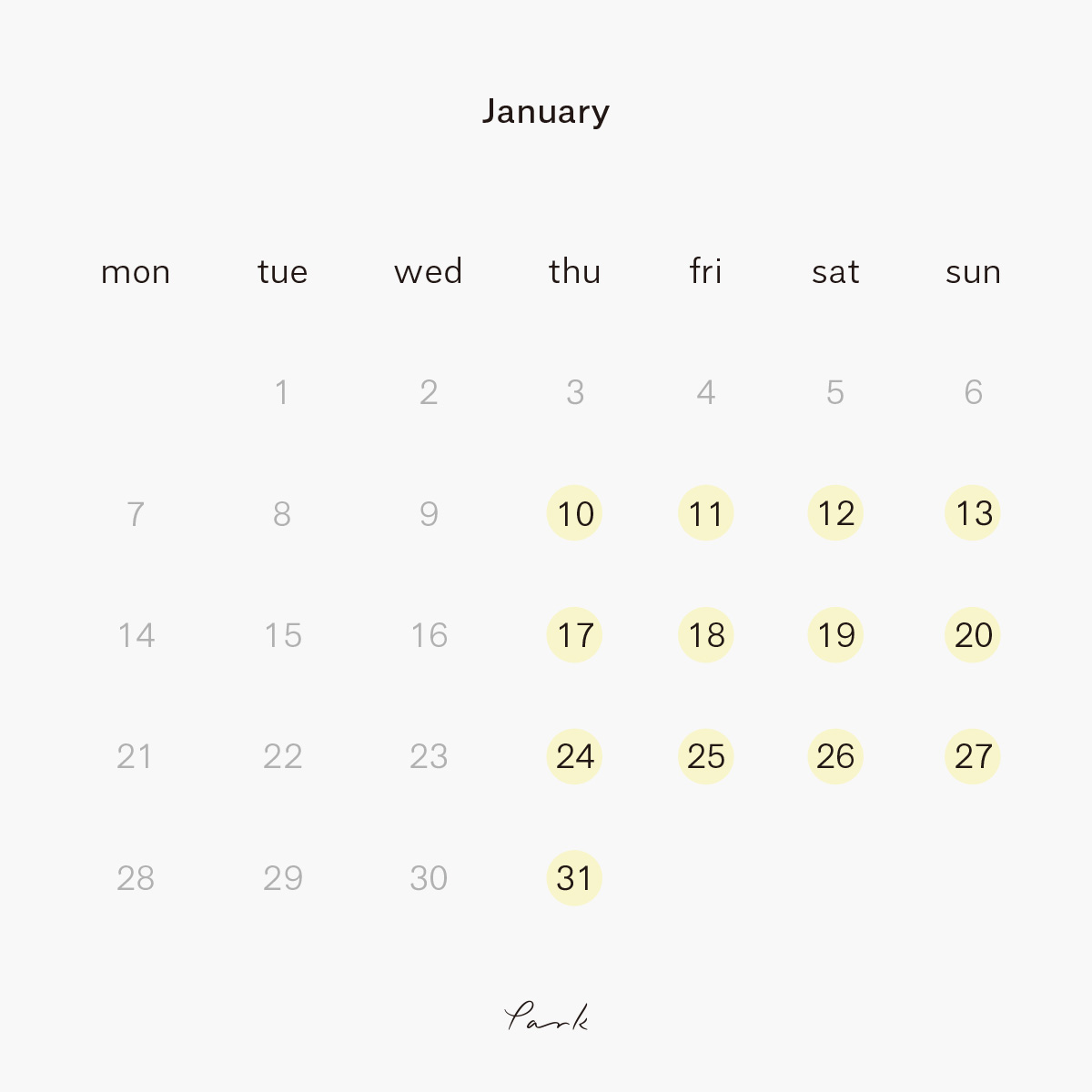 2019年1月の営業カレンダー