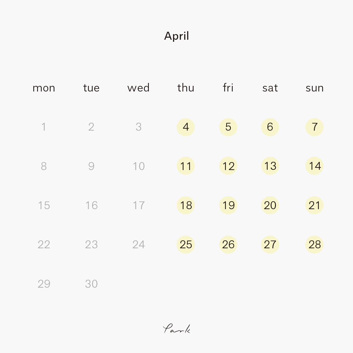 2019年4月の営業カレンダー