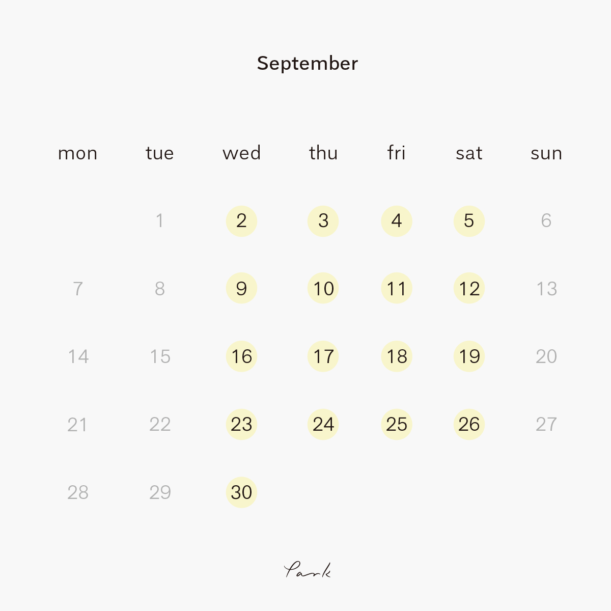 2020年9月の営業カレンダー