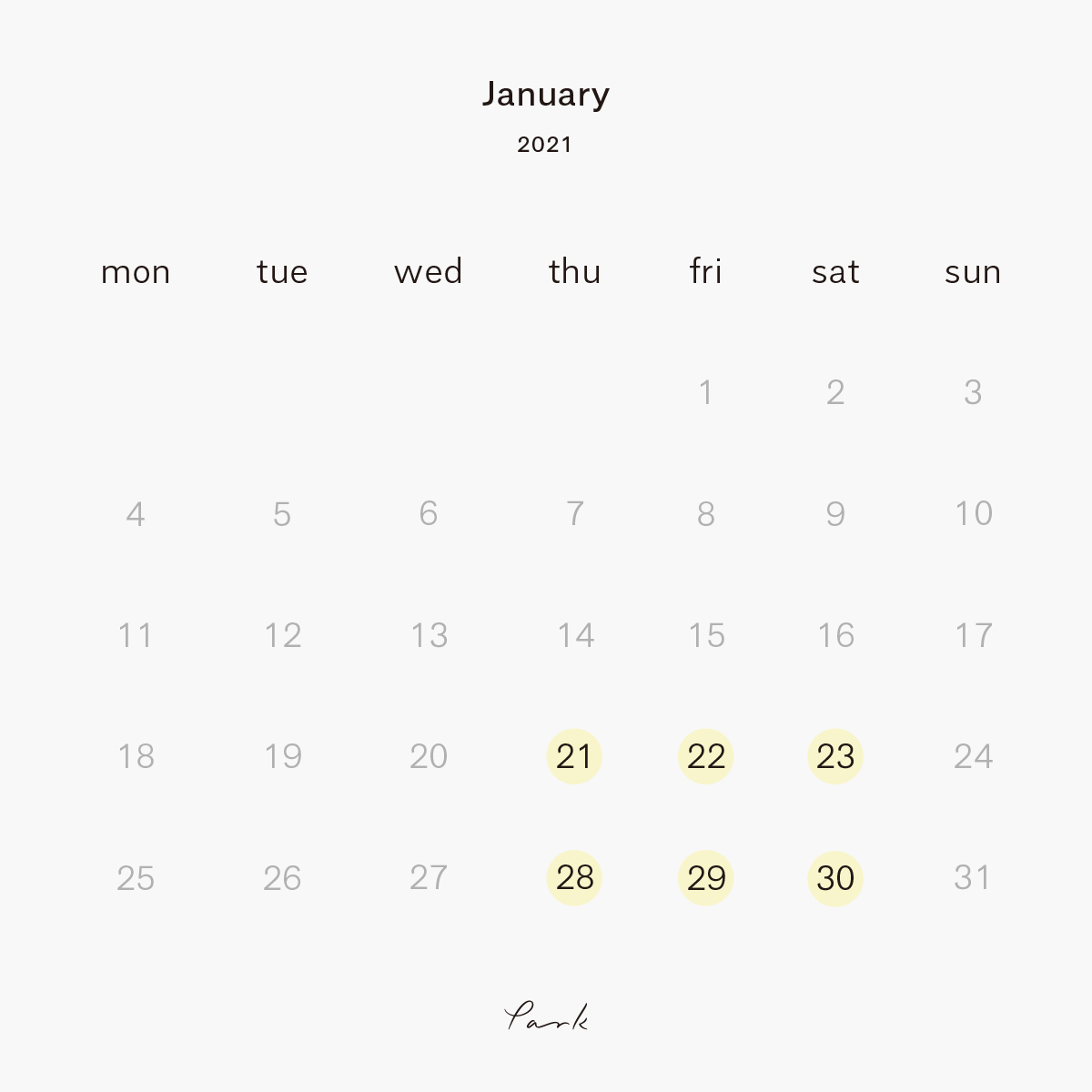 2021年1月の営業カレンダー