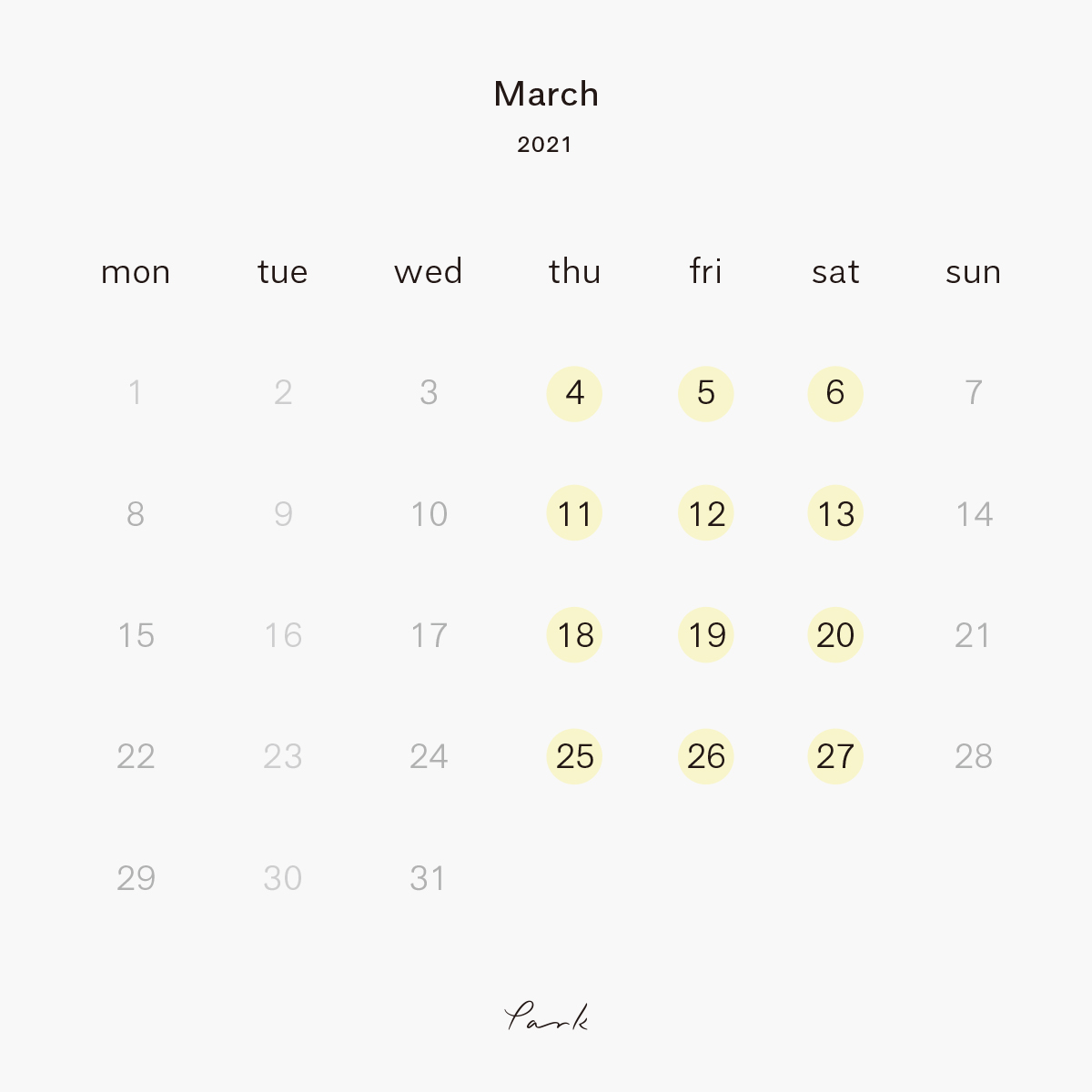 2021年3月の営業カレンダー