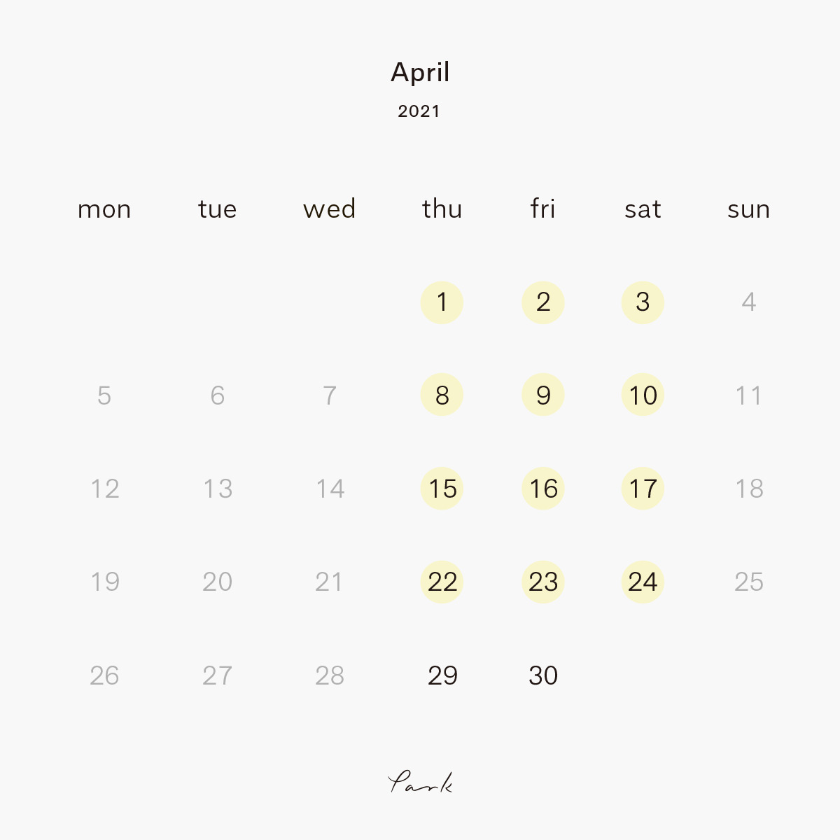 2021年4月の営業カレンダー
