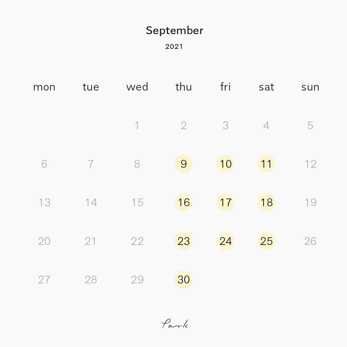 2021年9月の営業カレンダー