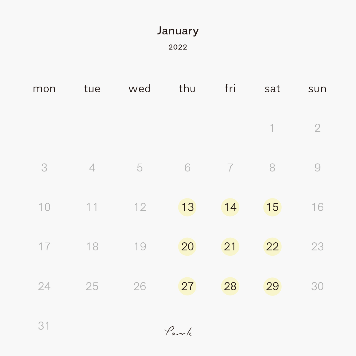 2022年1月の営業カレンダー