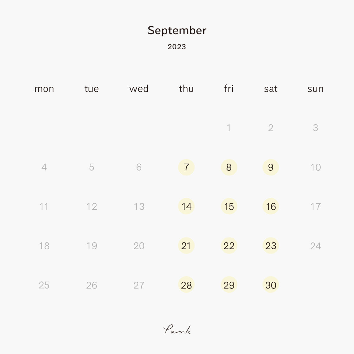 2023年9月の営業カレンダー