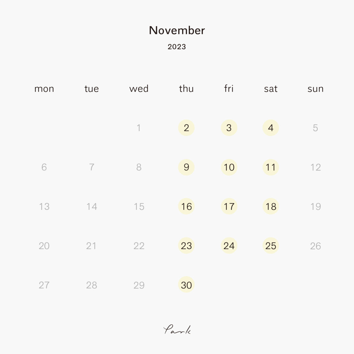 2023年11月の営業カレンダー