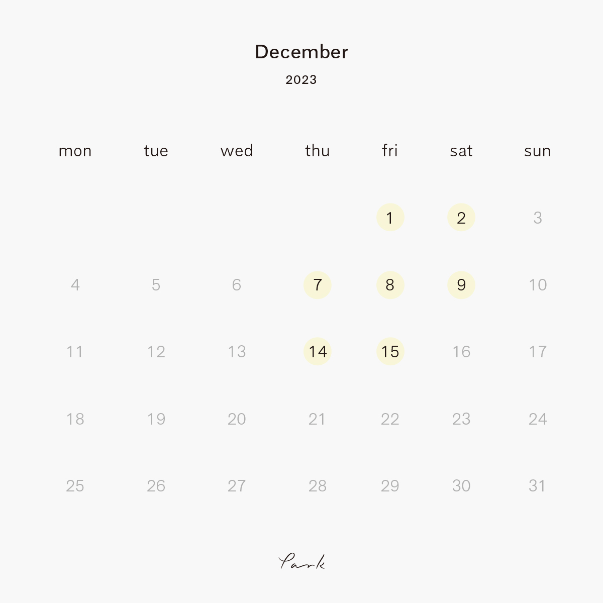2023年12月の営業カレンダー