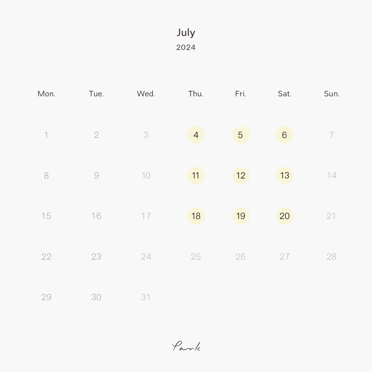 2024年7月の営業カレンダー