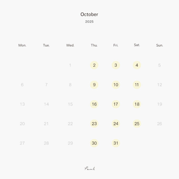 2025年10月の営業カレンダー