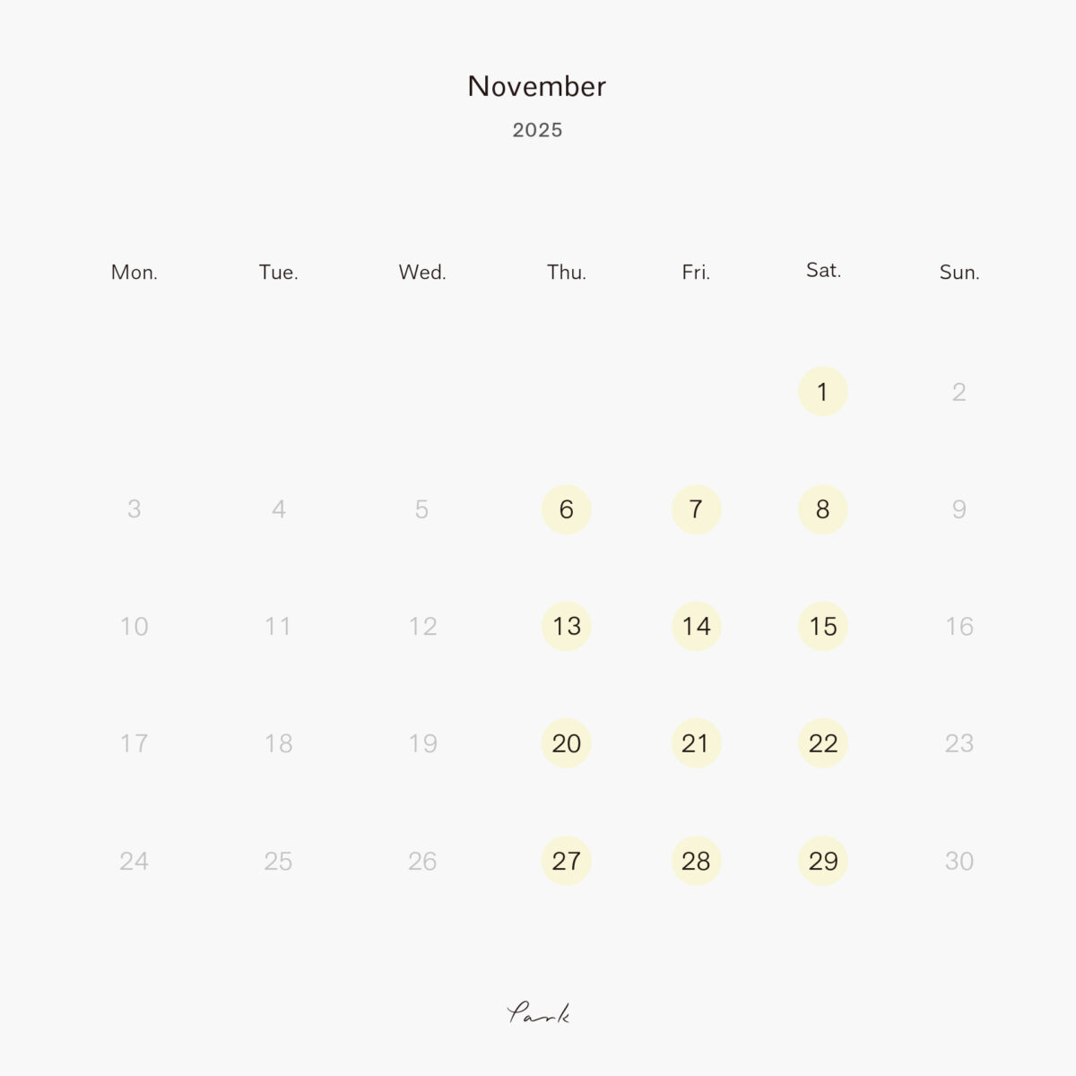 2025年11月の営業カレンダー