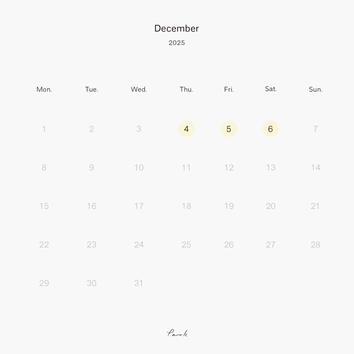 2025年12月の営業カレンダー