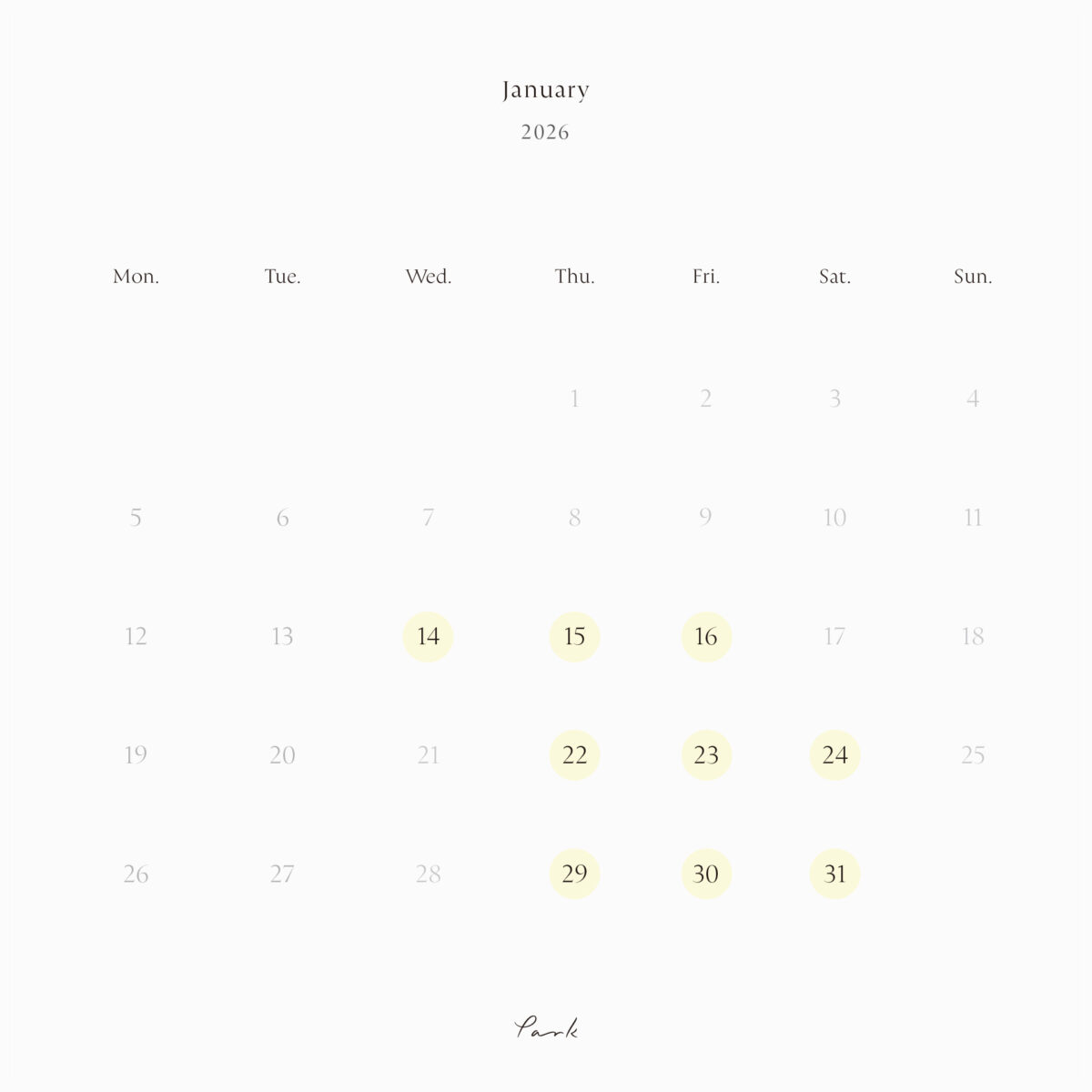 2026年1月の営業カレンダー