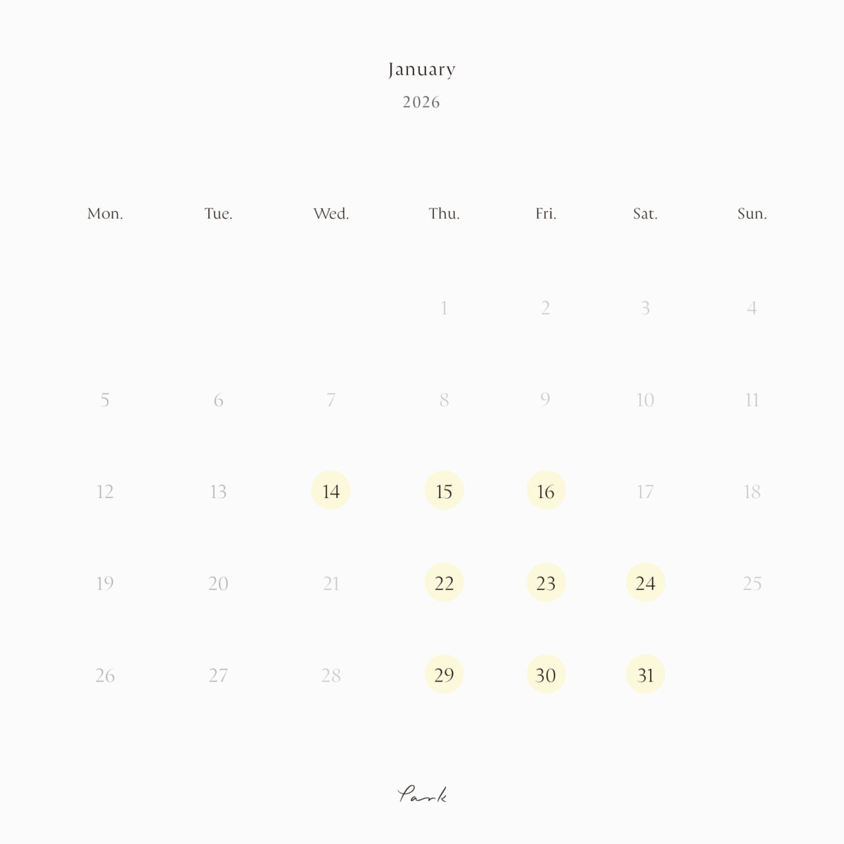 2026年1月の営業カレンダー