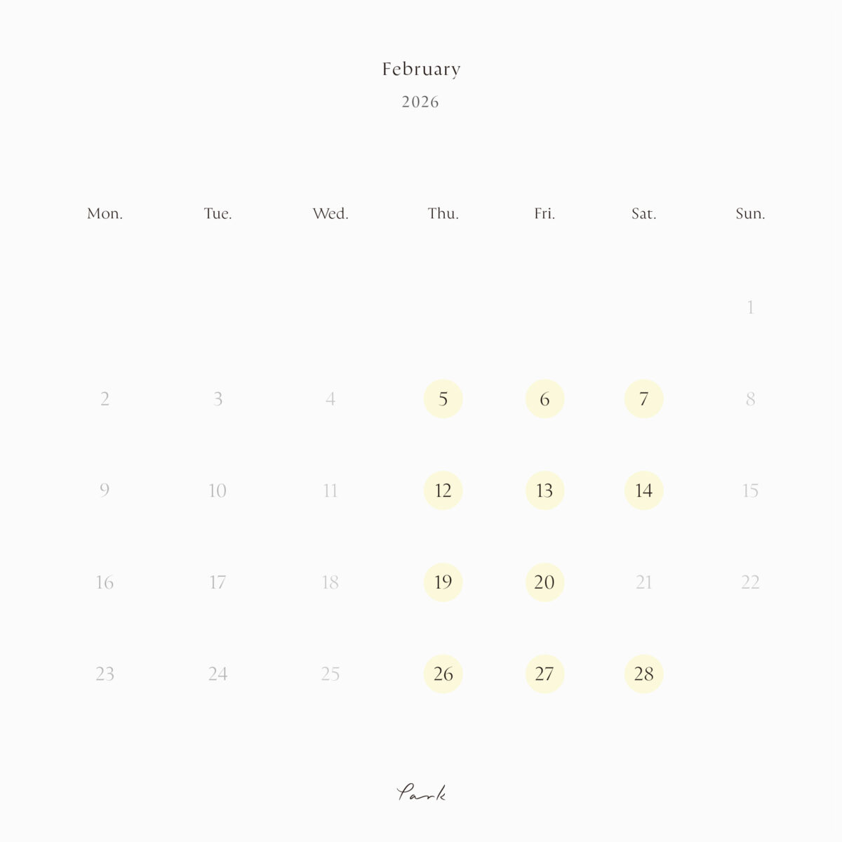 2026年2月の営業カレンダー