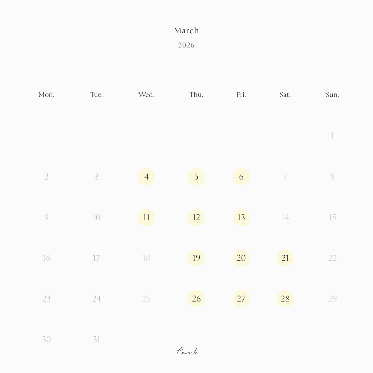 2026年3月の営業カレンダー