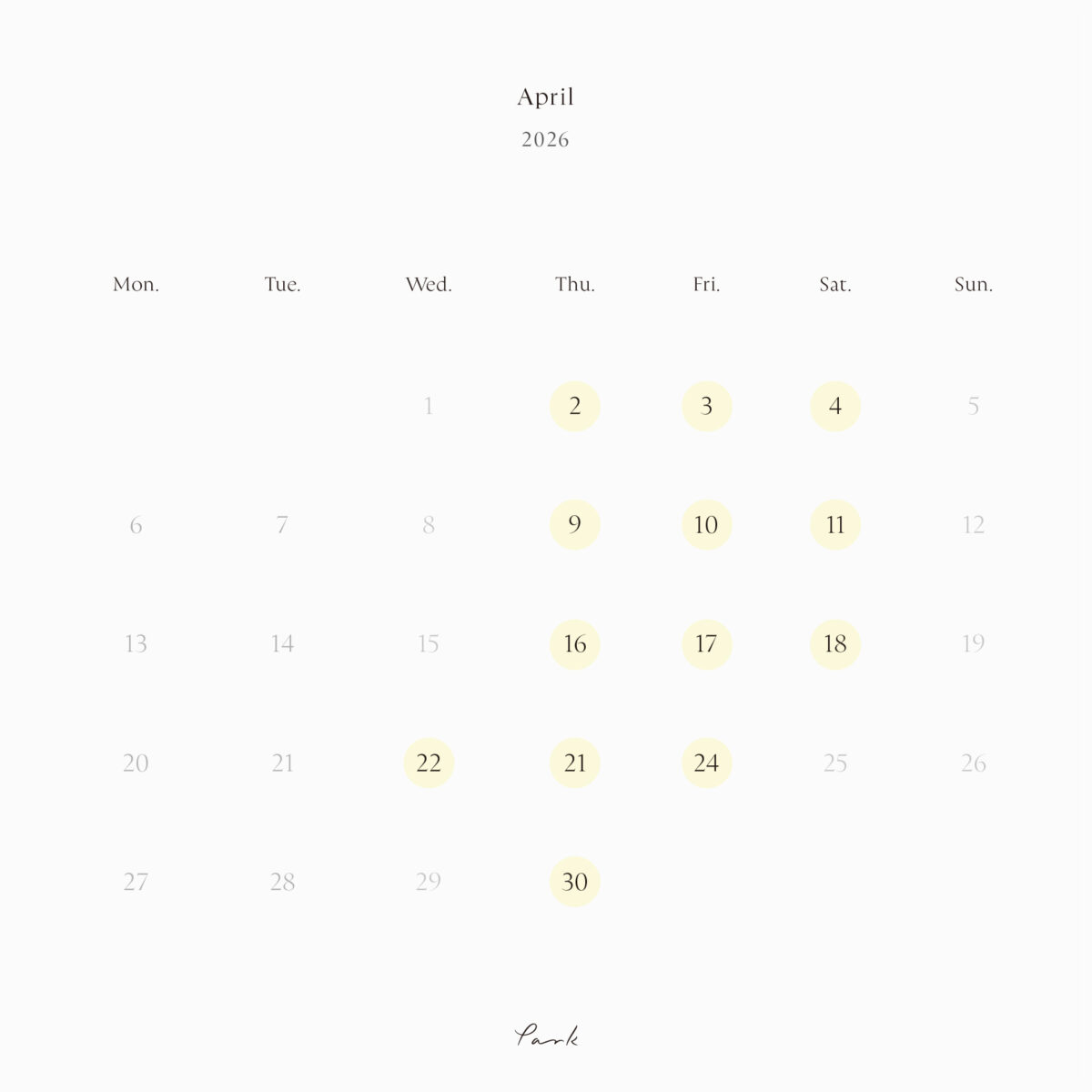 2026年4月の営業カレンダー